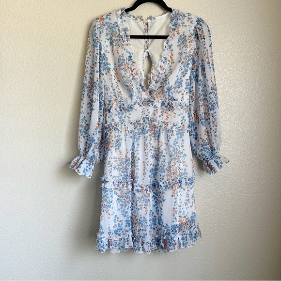 Spring Summer‎ Deep V-Neck Ruffle Long Sleeve Floral Print Mini Dress Sz S - Picture 6 of 13